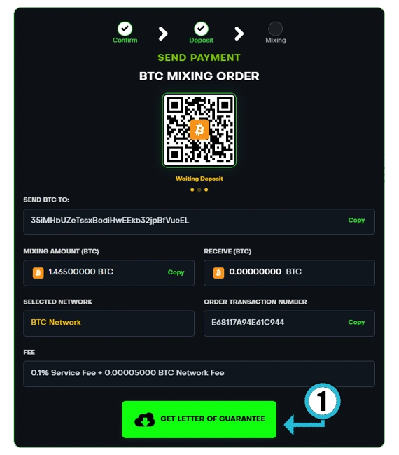 Deposit page showing the Get Letter of Guarantee button