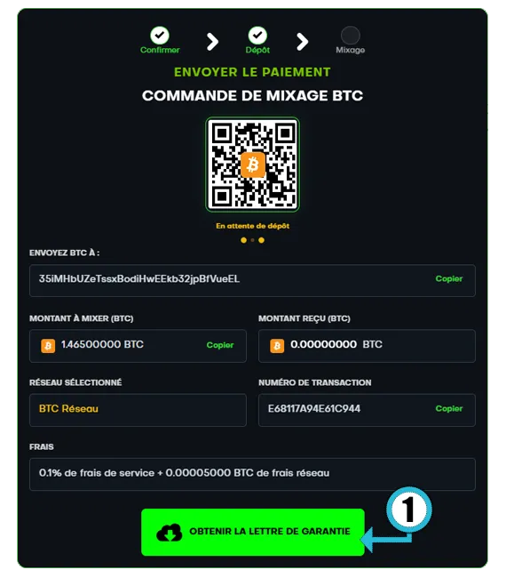 Page de dépôt affichant le bouton « Obtenir la lettre de garantie »