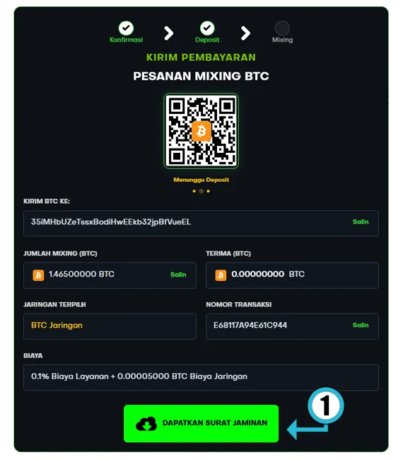 Halaman deposit yang menampilkan tombol Dapatkan Surat Jaminan