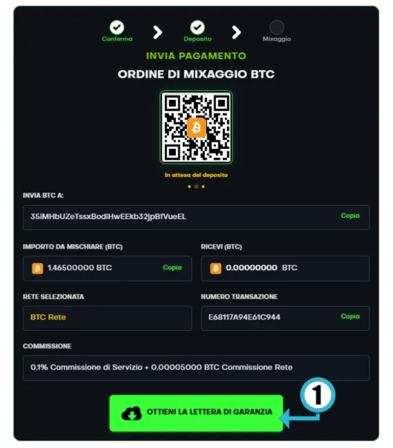 Pagina deposito con pulsante Ottieni Lettera di Garanzia