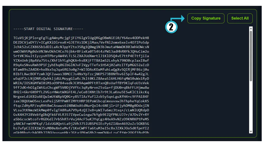 Guarantee Letter showing the full DIGITAL SIGNATURE block with copy buttons