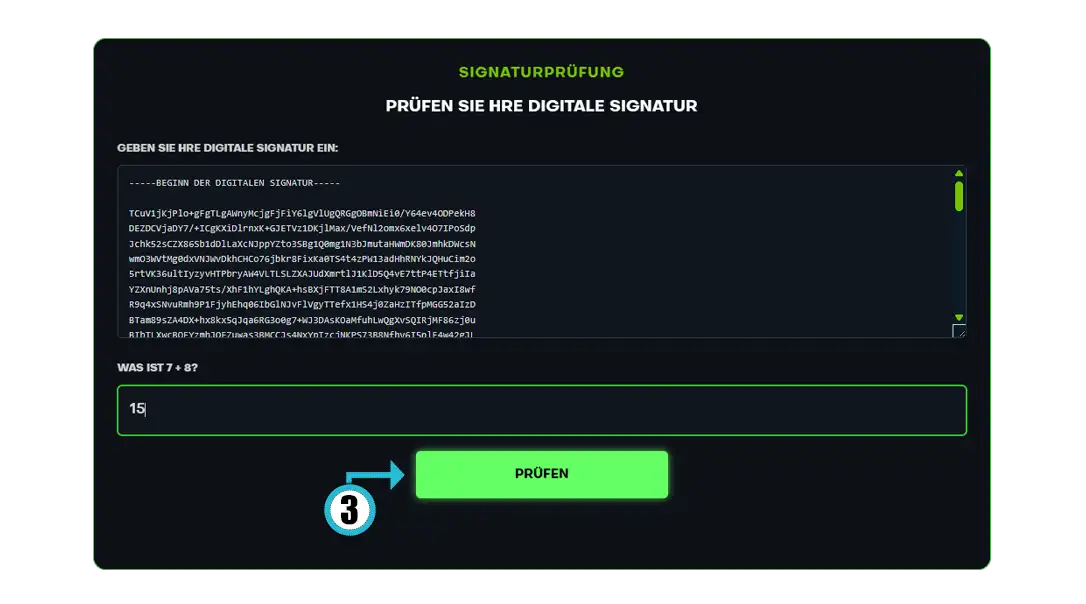 Seite zur Signaturprüfung mit Feld „GEBEN SIE IHRE DIGITALE SIGNATUR EIN“