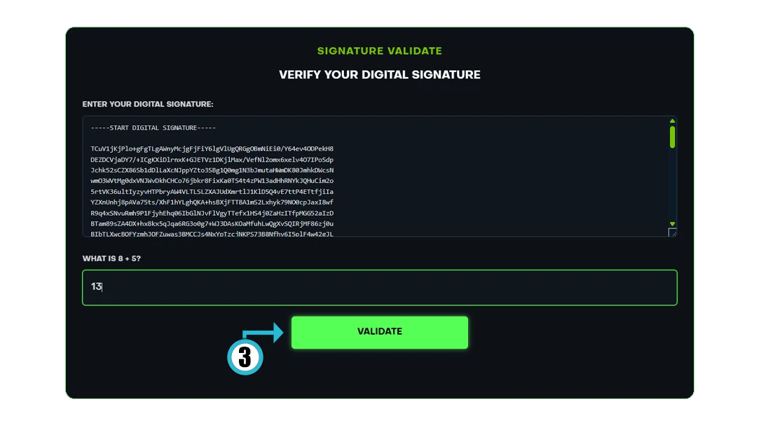 Signature Validation page showing the ENTER YOUR DIGITAL SIGNATURE field