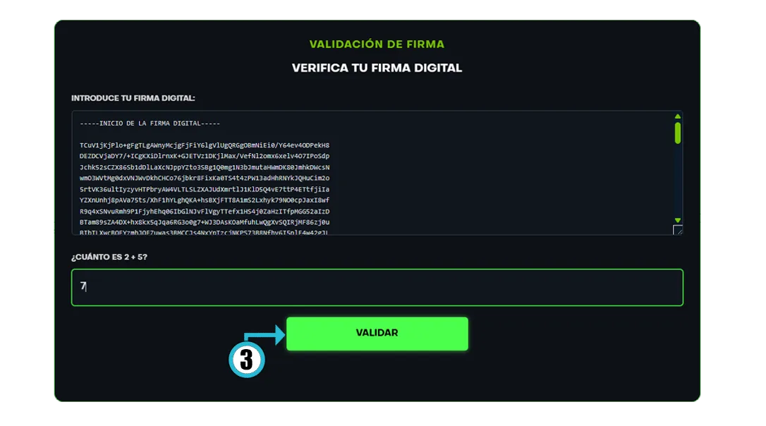 Página de validación de firma mostrando el campo INTRODUCE TU FIRMA DIGITAL