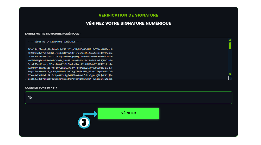 Page de vérification affichant le champ « ENTREZ VOTRE SIGNATURE NUMÉRIQUE »