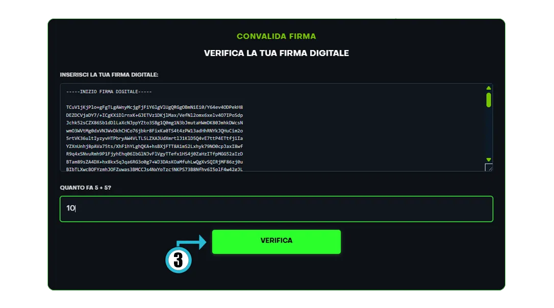 Pagina di convalida firma che mostra il campo INSERISCI LA TUA FIRMA DIGITALE