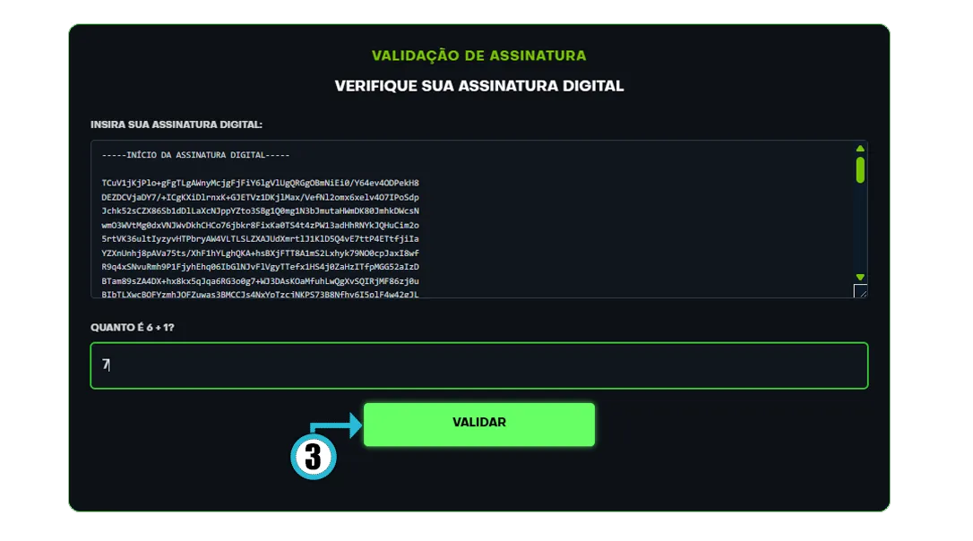 Página de Validação de Assinatura mostrando o campo INSIRA SUA ASSINATURA DIGITAL