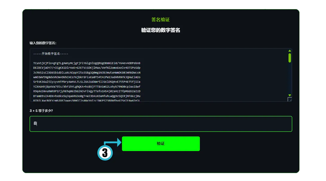 签名验证页面显示“输入您的数字签名”字段